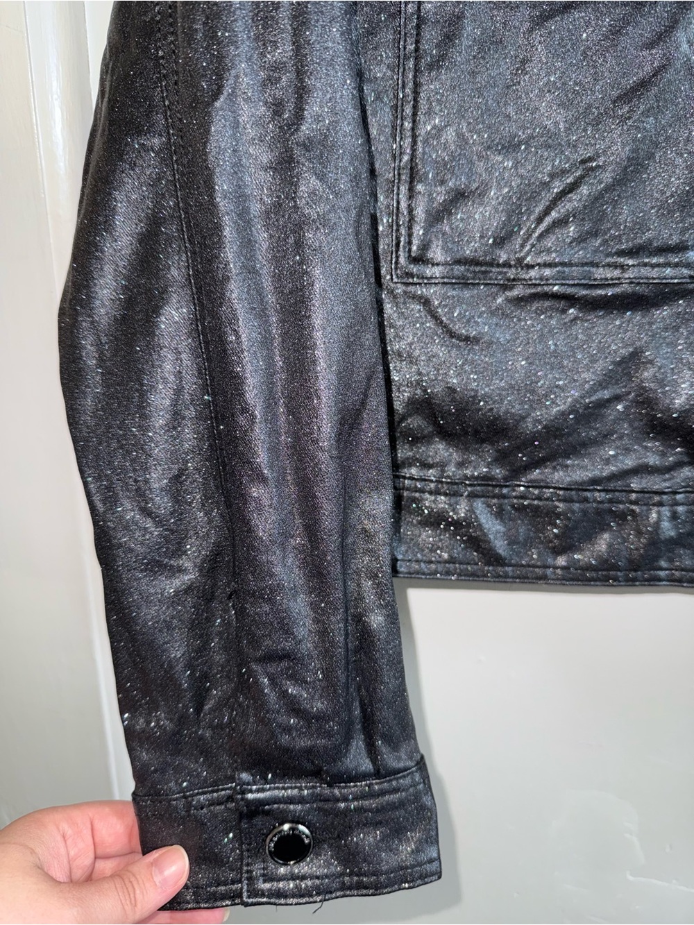 RM Rebecca Minkoff Shimmer Metallic Black Denim Style Jacket Sparkle Coated L - Picture 5 of 7